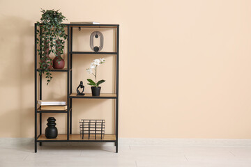 Shelving unit with plants and decor near beige wall