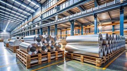 Stacked rolled aluminum metal sheets in a warehouse , aluminum, metal, sheets, warehouse, storage, industrial, manufacturing, inventory, supply, materials, metallic, production, facility