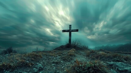 The cross stands on a desolate hill with a rapidly moving, eerie sky emphasizing a somber mood