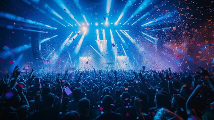 An electrifying live concert scene with a crowd cheering, confetti, and vibrant stage lights