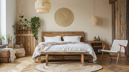 Modern bedroom interior design, room with wood furniture, cozy boho rustic style. Theme of wooden rough home decor