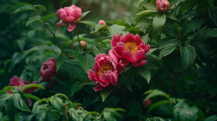 Obraz premium Lush peonies blooming amidst natural surroundings.