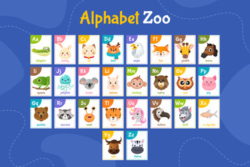 Cartoon English alphabet for children with cute animals.
