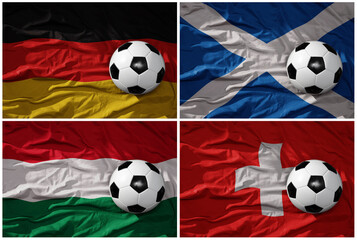 europe group . realistic football balls with flags of germany hungary scotland and switzerland...