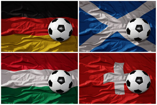 europe group . realistic football balls with flags of germany hungary scotland and switzerland ,soccer teams.