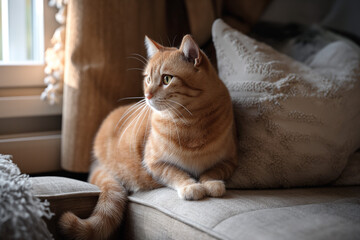 Ginger Cat Relaxing on a Couch in Sunlit Room

