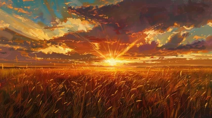 Papier peint photo Marron Summer Hunting. Sunset over Western Prairie Field with Colorful Sky and Tall Grass  © Olena