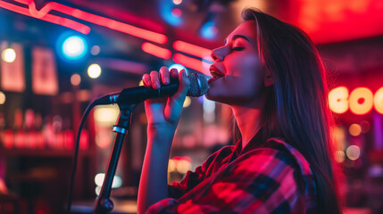 Female Singer Performing in a Vibrant, Neon-Lit Bar  