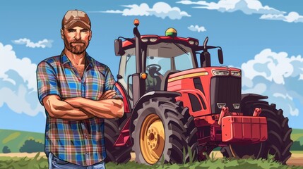 Tractor Farmer. Proud Farmer Poses with Red Agricultural Vehicle in Horizontal Image