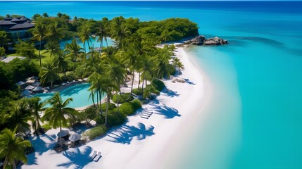 Aerial view of beautiful tropical island with palm trees and sand beach. Seascape.