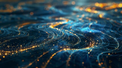 blue technology background, abstract glowing light swirls and golden lights on a dark background, high resolution, a wide angle lens shot from above