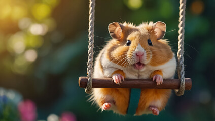 Cute hamster on a swing in summer  nature leisure