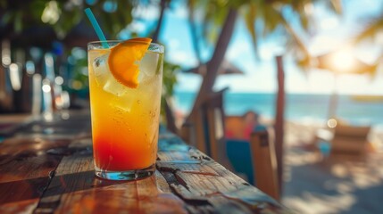 A drink with orange slice on top of a table, AI