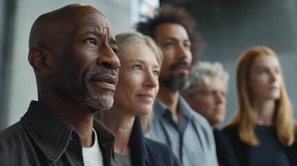Diverse Group of People Looking Forward in a Modern Setting

