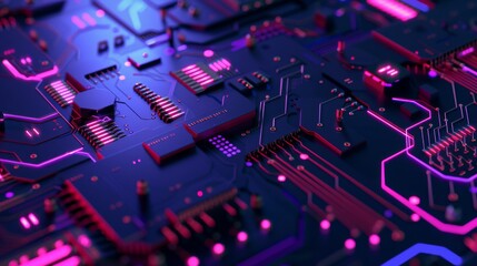 Obraz premium Black Purple Pink abstract background with digital glowing lights and circuit board elements on a dark blue background, high quality 3D rendered illustration of an abstract futuristic technology