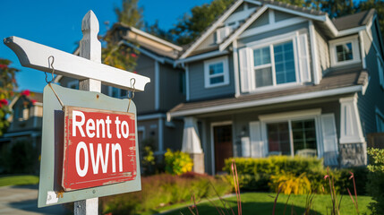 Rent to Own sign in front of a house, suburban neighborhood

