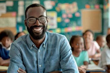 Fototapeta premium An enthusiastic smiling black male teacher in a busy elementary school classroom, ideal for promoting educational services, school programs and teacher training seminars.