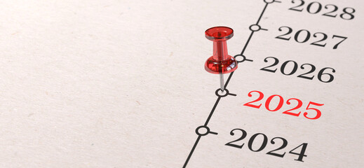 Year 2025 marked with a red pin on a timeline