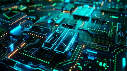 Obraz premium Black Neon Green Neon Blue abstract background with digital glowing lights and circuit board elements on a dark blue background, high quality 3D rendered illustration of an abstract futuristic