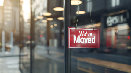 We've Moved sign on glass door, urban background, business relocation

