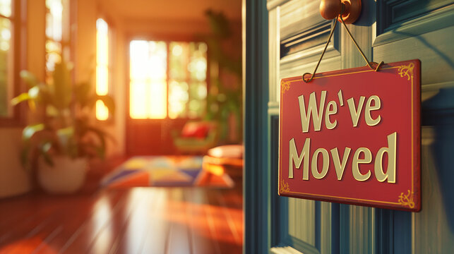 We've Moved sign on an open door, cozy home interior background

