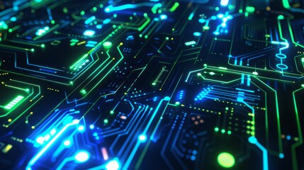 Obraz premium Black Neon Green Neon Blue abstract background with digital glowing lights and circuit board elements on a dark blue background, high quality 3D rendered illustration of an abstract futuristic