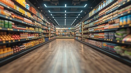 A supermarket aisle sharply focused on the floor leading to blurred shelves stacked with products.