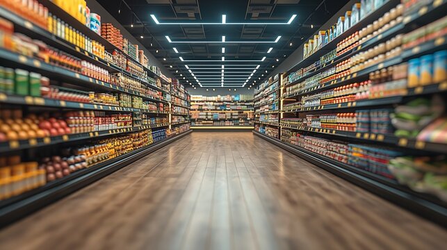 A supermarket aisle sharply focused on the floor leading to blurred shelves stacked with products.