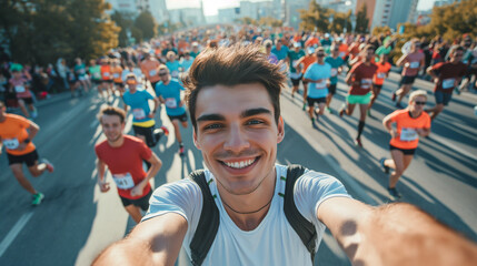 Fototapeta premium Young man taking a selfie during a marathon, joyful expression, crowded city street background