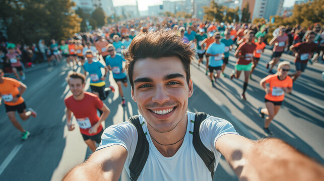 Young man taking a selfie during a marathon, joyful expression, crowded city street background

