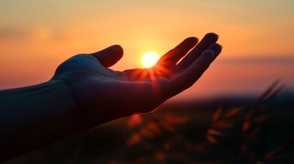 A person's hand reaching out to the sun as it sets, AI