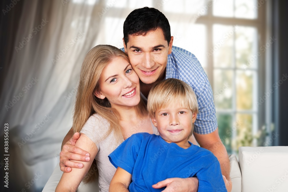 Poster happy attractive family at cozy home