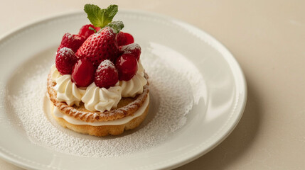 Delicious red fruits dessert on a white plate with a light beige background