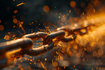A close-up shot of heavy iron chains snapping with sparks flying, representing breaking free from limitations and overcoming challenges.. AI generated.