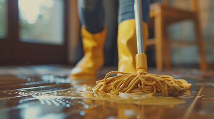 Close up of mop swiping on wooden floor with female legs in boots in background Household chores and hygienic housekeeping concept. Generative AI - Powered by Adobe