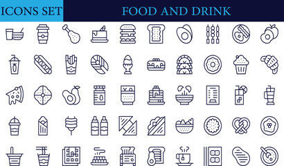 Food and Drink Line Editable Icons set. Vector illustration of gastronomic related icons , french fries, taco, baked goods, shawarma, canned food, symbol, junk, thin, vegan