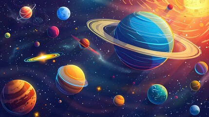 "Vector Illustration of Solar System and Galaxy Infographic. Space, Astronomy, Planets, and Stars Concept."
