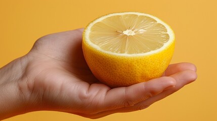 A person holding a lemon in their hand on an orange background, AI