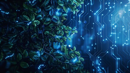 Abstract background with digital glowing lights and circuit board wall with natural leaves and vines elements on a dark blue background, high quality rendered illustration of an futuristic technology