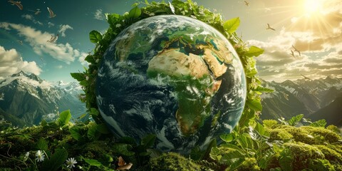Earth Enveloped in Greenery with Vibrant Sunrise Illustrating Environmental Conservation and Sustainable Earth Practices for a Greener Future