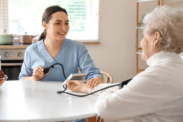 Fototapeta premium Physical therapist measuring senior woman's blood pressure at table in kitchen