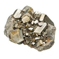 golden pyrite mineral crystals isolated on white background, transparent background