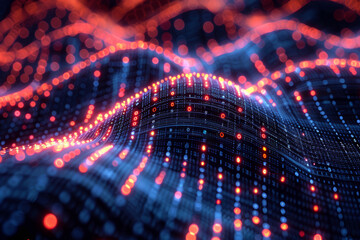 Illustration of abstract digital patterns intertwining with binary code representing the move towards digital transformation and innovation.. AI generated.