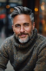 Fototapeta premium Smiling Man With Grey Hair and Beard Wearing a Knit Sweater in an Urban Setting