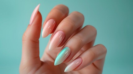 woman's hand with beautiful nails art in soft pastel shades, advertisement for nail art salon