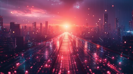 Obraz premium A digital art piece depicting a futuristic city skyline at sunset with a glowing road in the foreground.
