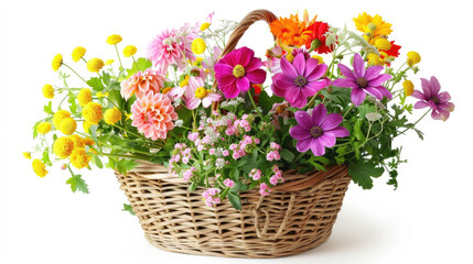 various colorful blooming flowers with green stems and leaves in a wicker basket isolated on a white background