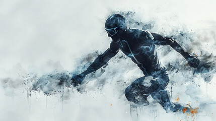 A silhouetted figure of a skier in a watercolor painting with a snowy background. Generated by AI.