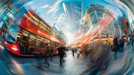 Iconic red London bus and pedestrians captured with a radial blur motion effect