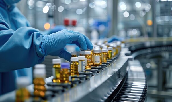 Medical vials on production line at pharmaceutical factory